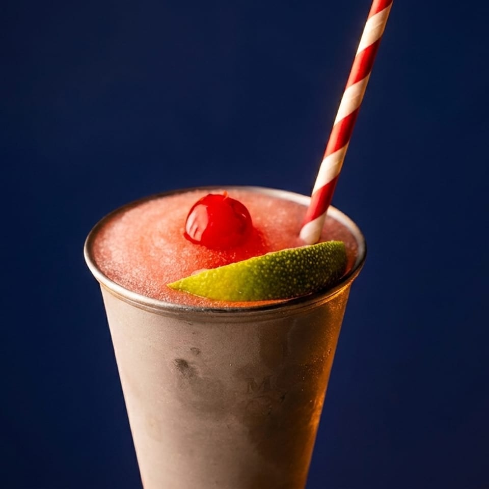 Frozen pink drink in a metal cup with a cherry, lime, and striped straw.