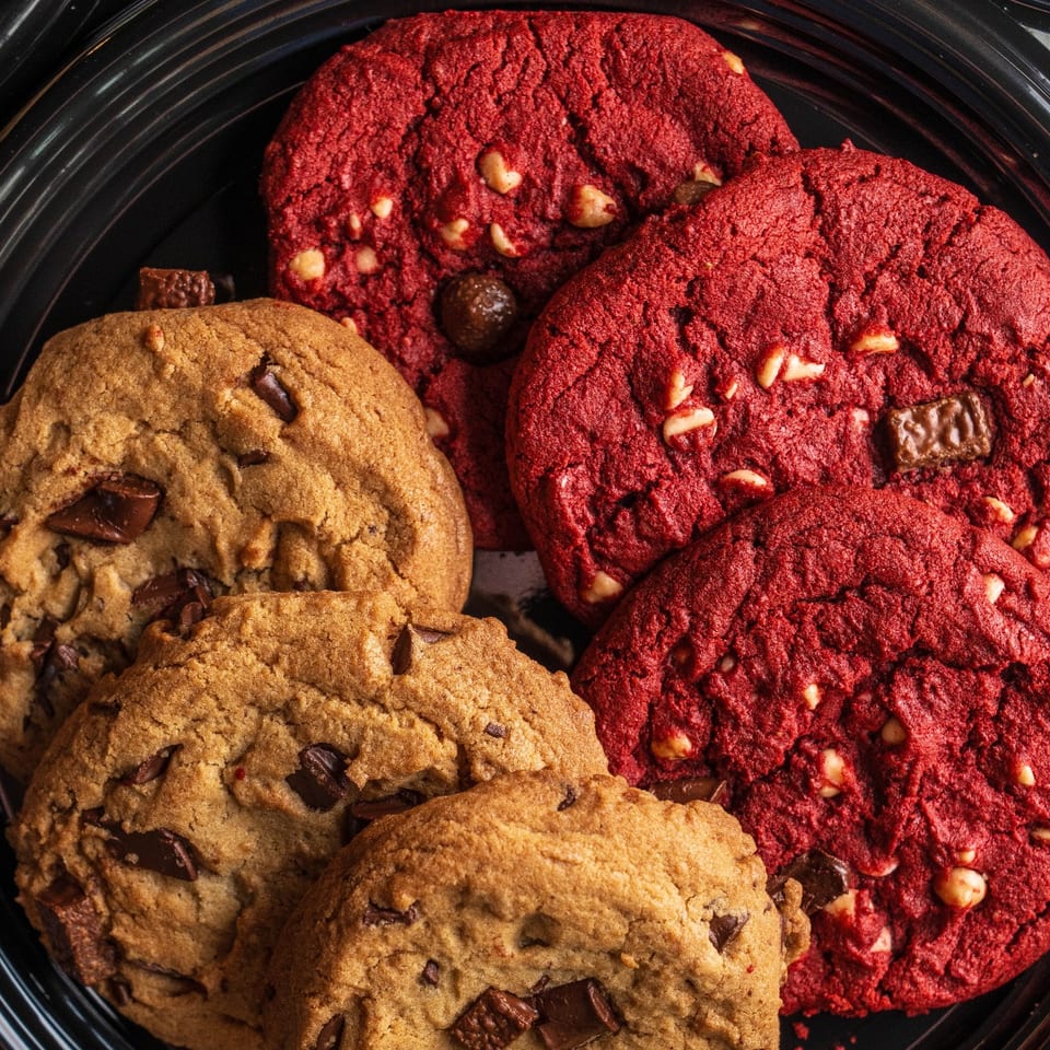 Assorted cookies on a black platter.