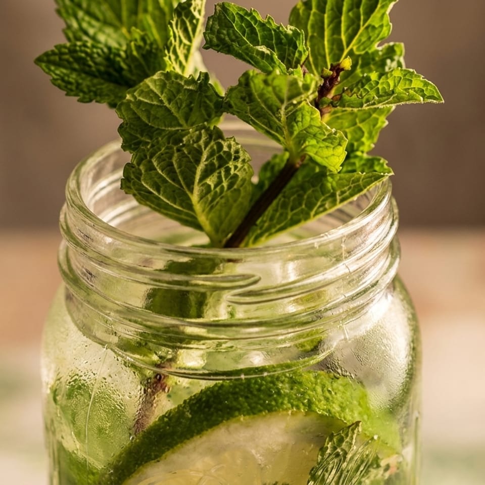Cold drink in a mason jar with lime slices and fresh mint sprigs.