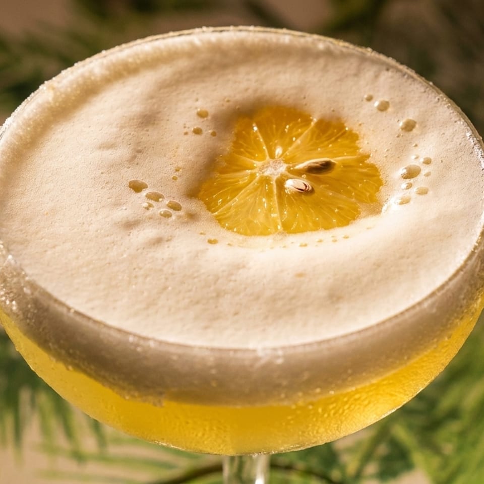 Yellow cocktail with foamy top, lemon slice garnish, and sugared rim against a tropical background.