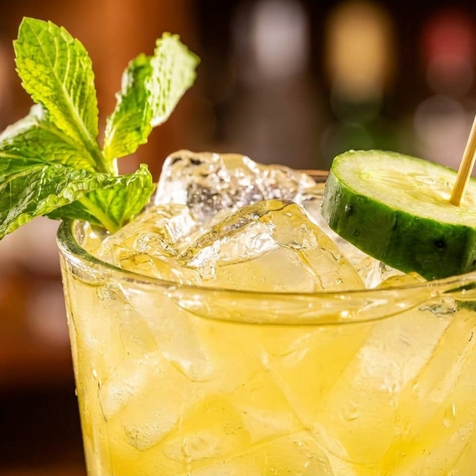 Refreshing yellow cocktail with ice, garnished with fresh mint and a cucumber slice.