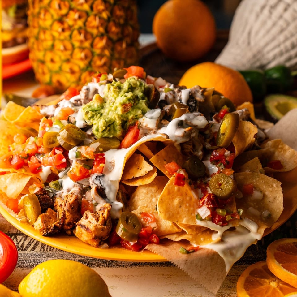 Nine Yard Nachos piled with toppings, guacamole, and jalapenos.