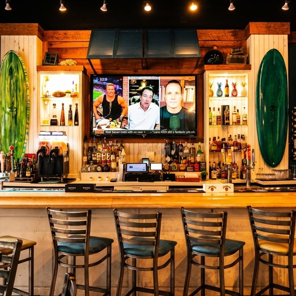 Restaurant bar with surfboards, multiple TVs, liquor bottles, and bar stools.