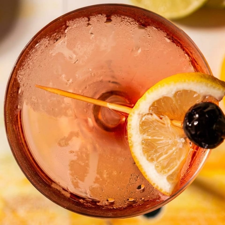 Pink cocktail in a martini glass, garnished with a lemon slice and dark cherry.